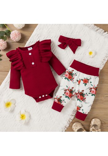 Baby Girl 3pcs Ribbed Rose Floral Print Long Sleeve Romper Set