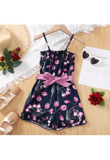 Kid Girl Floral Print Ruffled Belted Smocked Cami Romper