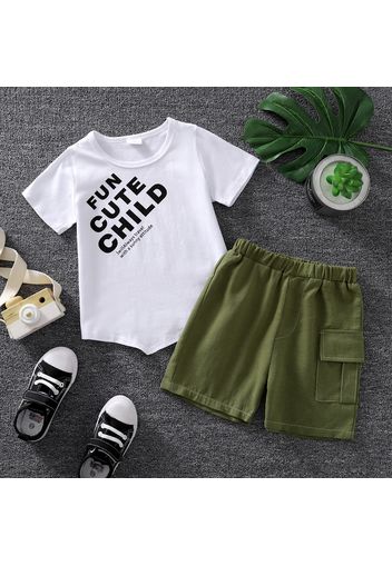 2pcs Toddler Boy Casual Letter Print Tee and Pocket Design Cargo Shorts Set