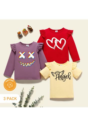 3-Pack Toddler Girl Heart/Letter/Emojis Print Short/Long-sleeve Cotton Tee