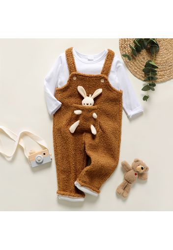 Toddler Girl/Boy Button Design Fuzzy Teddy Overalls ( Bear Doll is included)