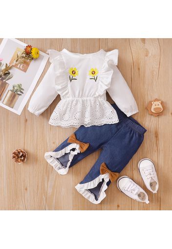 2pcs Baby Sunflower Floral Embroidered Long-sleeve Ruffle Top and Pants Set