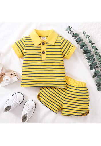 2pcs Baby Boy/Girl Button Design Yellow Striped Short-sleeve Polo Shirt and Shorts Set