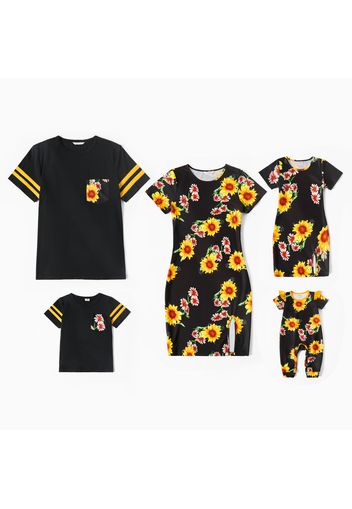 Family Matching Sunflower Floral Print Black Short-sleeve Pencil Dresses and T-shirts Sets