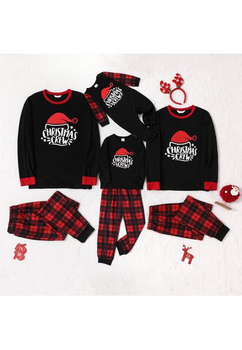 Christmas Hat and Letter Print Black Family Matching Long-sleeve Plaid Pajamas Sets (Flame Resistant)