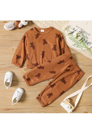 2pcs Baby Boy/Girl All Over Cartoon Bear Print Long-sleeve Pullover and Trousers Set