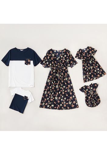 Floral Print Family Matching Sets（V-neck Belted Midi Dresses and Short-sleeve Colorblock T-shirts）