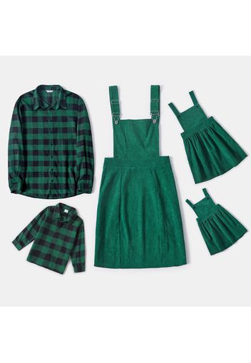 Family Matching Green Sleeveless Corduroy Overall Dresses and Long-sleeve Plaid Shirts Sets