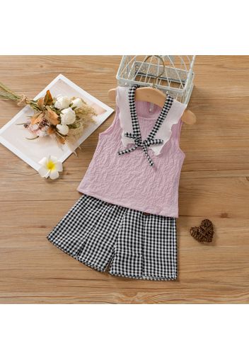 2pcs Baby Girl Ruffle Bowknot Sleeveless Tank Top and Plaid Shorts Set