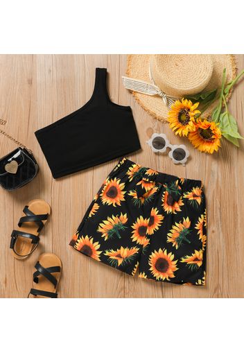 2-piece Kid Girl One Shoulder Black Tee and Bowknot Design Floral Print Elasticized Shorts Set