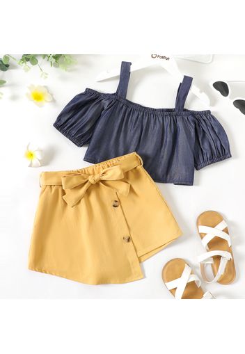 2-piece Kid Girl Off Shoulder Short-sleeve Strap Denim Tee and Button Design Irregular Belted Skirt Set