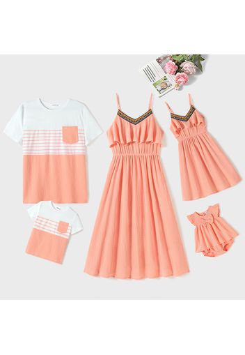 Family Matching 100% Cotton Coral Textured Ruffle Trim Spliced Boho Webbing Cami Dresses and Short-sleeve Striped T-shirts Sets