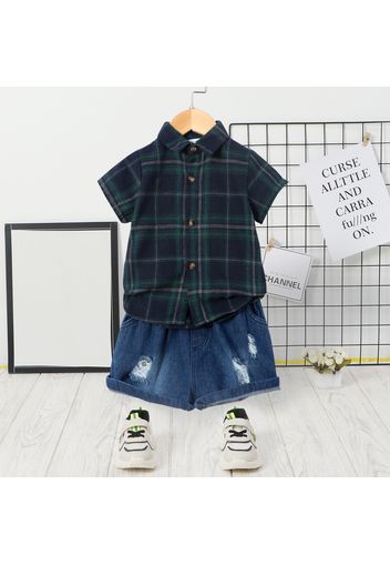 2pcs Toddler Boy Casual Ripped Denim Shorts and Letter Print Plaid Shirt Set