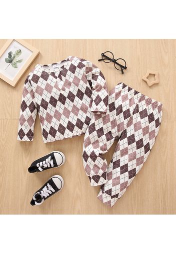 2-piece Toddler Boy/Girl Argyle Pattern Print Waffle Long-sleeve Henley Shirt and Pants Set