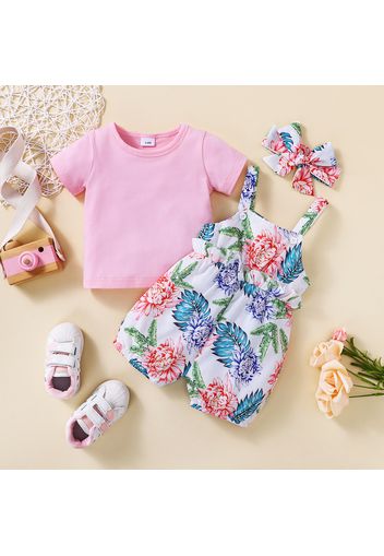 3pcs Baby Girl Solid Short-sleeve Tee and Allover Plant Print Overalls Shorts with Headband Set