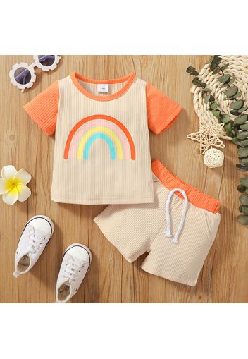 2pcs Baby Girl Rainbow Print Ribbed Short-sleeve Top and Shorts Set