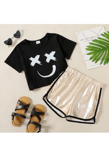 2-piece Kid Girl Face Emojis Print Crop Tee and Metallic Dolphin Shorts Set