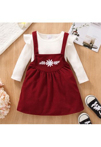 2-piece Toddler Girl Ruffled Long-sleeve White Ribbed Top and Floral Embroidered Suspender Skirt Set