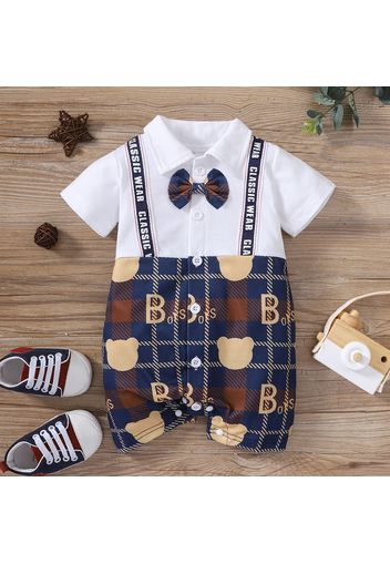 Baby Boy Gentleman Outfit Solid Splicing Bear Print Plaid Bow Tie Short-sleeve Romper