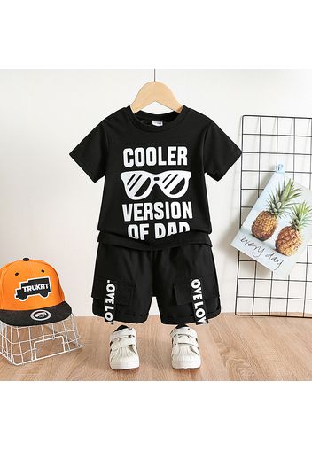 2pcs Toddler Boy Casual Letter Print Black Tee and Cargo Shorts Set