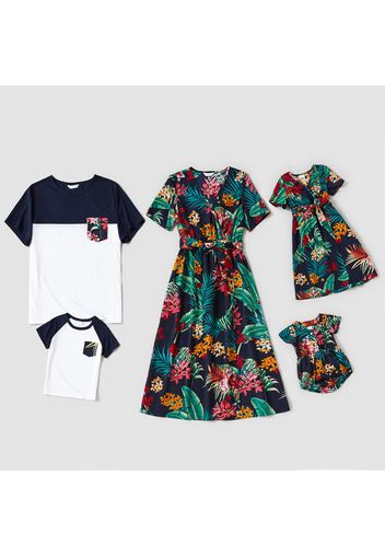 Floral Print Family Matching Sets(V-neck Belted Midi Dresses and Short-sleeve T-shirts）