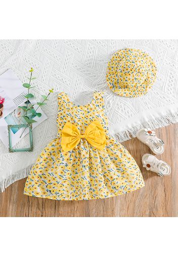 2pcs Baby Girl Allover Yellow Floral Print Bow Front Tank Dress with Hat Set