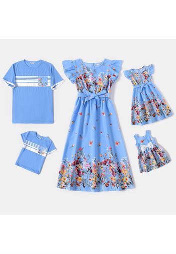 Family Matching Floral Print Blue Ruffle-sleeve Belted Midi Dresses and Striped Short-sleeve T-shirts Sets