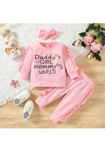 3pcs Baby Girl 95% Cotton Long-sleeve Love Heart & Letter Print Frill Trim Sweatshirt and Sweatpants with Headband Set