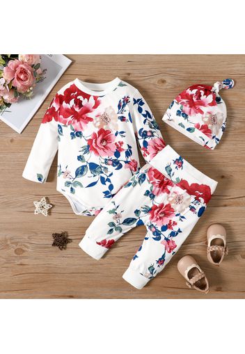 3pcs Baby Girl All Over Floral Print White Long-sleeve Romper and Trousers Set