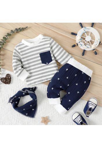 3pcs Baby Striped Cotton Long-sleeve Pullover Set