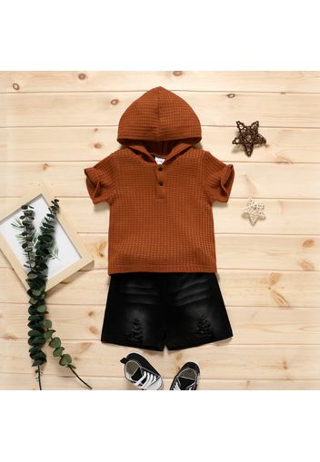 2pcs Baby Boy Waffle Knitted Short-sleeve Hooded Top and 100% Cotton Ripped Denim Shorts Set