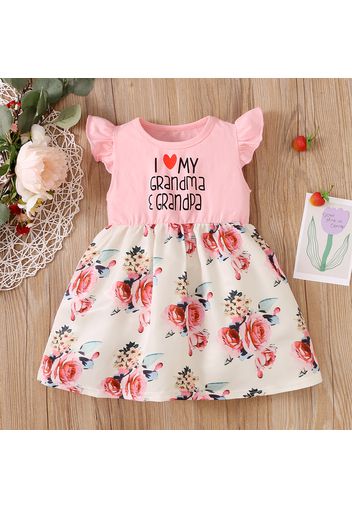 Toddler Girl Letter Floral Print Splice Flutter-sleeve Dress