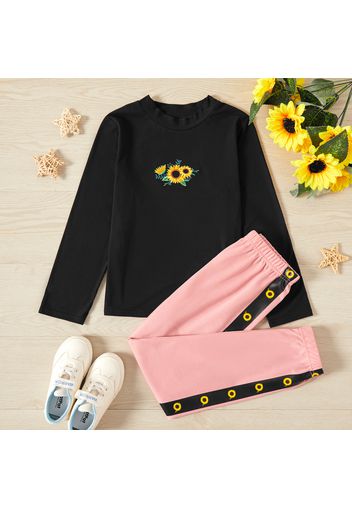 2-piece Kid Girl Floral Print Long-sleeve Black Tee and Pants Set