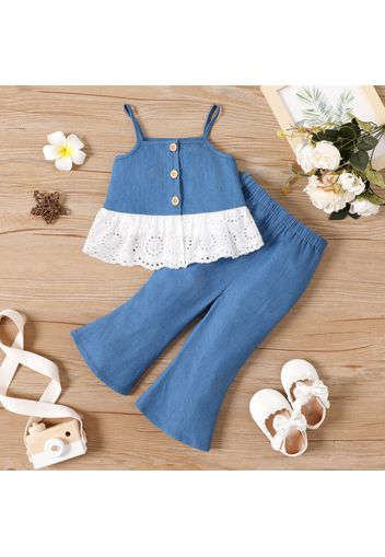 2pcs Baby Girl Splicing Hem Button Front Denim Cami Top and Flare Leg Pants Set