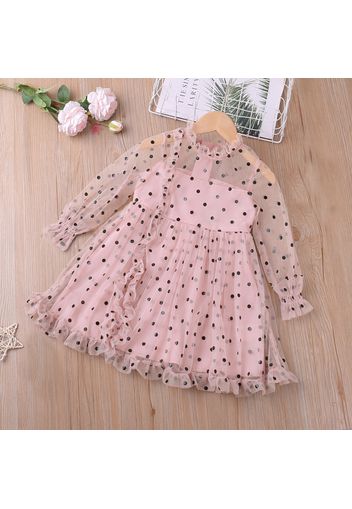 Toddler Girl Polka dots Ruffle Collar Mesh Long-sleeve Pink Dress