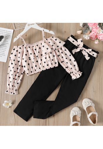 2pcs Kid Girl Heart Print Flounce Long-sleeve Camisole and Belted Black Straight Pants Set