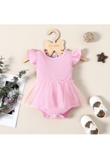 Baby Girl Solid Flutter-sleeve Mesh Skirted Romper