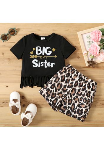 2-piece Toddler Girl Letter Print Tassel Hem Tee and Leopard Print Shorts Set