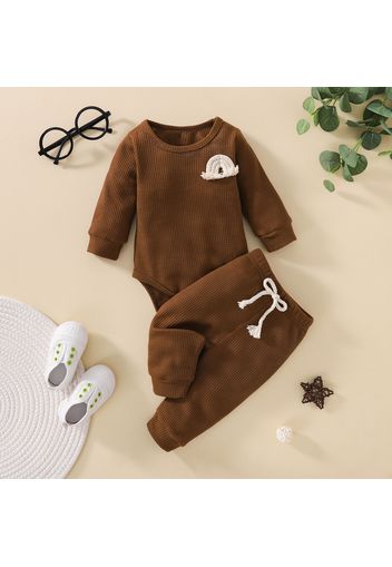 2pcs Baby Boy/Girl Rainbow Design Solid Waffle Long-sleeve Romper and Trousers Set