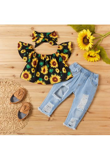 3pcs Sunflower Print Short-sleeve Baby Set