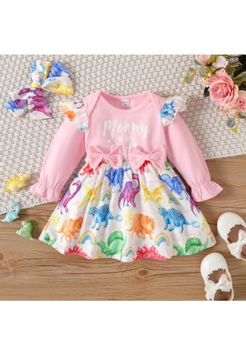 2pcs Baby Girl 95% Cotton Ruffle Trim Long-sleeve Letter & Dinosaur Print Spliced Dress with Headband Set