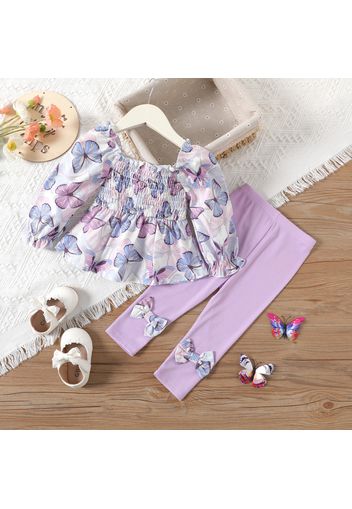 2pcs Baby Girl Allover Butterfly Print Square Neck Long-sleeve Shirred Top and Bow Front Leggings Set