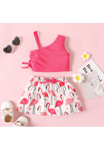 2pcs Baby Girl Solid Ribbed One Shoulder Strap Ruched Crop Top and Allover Flamingo Print Skirt Set