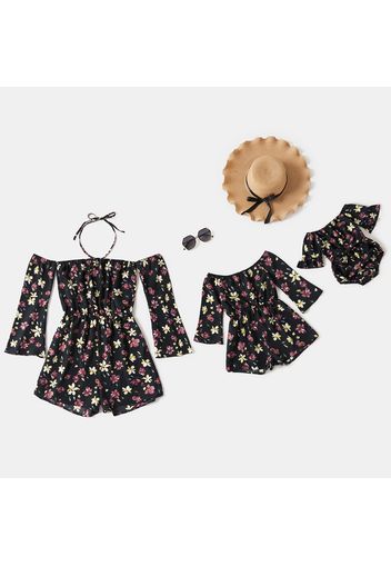 Floral Print Off Shoulder Strapless Long Sleeve Shorts Romper for Mom and Me