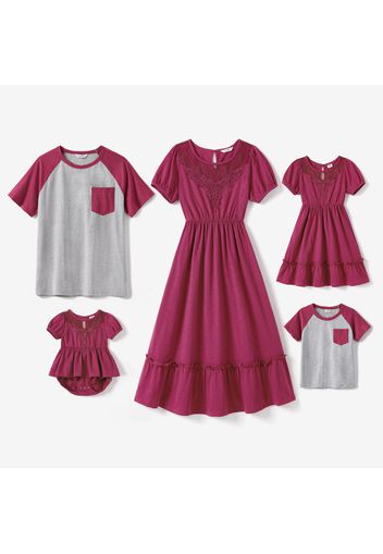 Family Matching Solid Puff-sleeve Lace Design Ruffle Hem Dresses and Raglan-sleeve T-shirts Sets