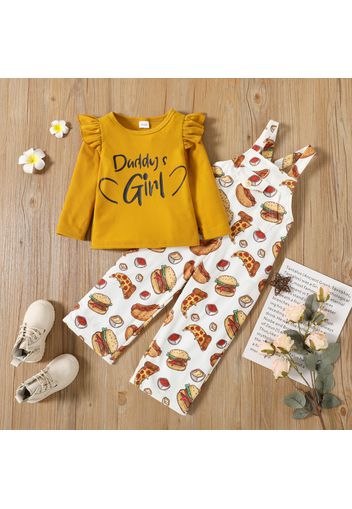 2-piece Toddler Girl Letter Print Ruffled Long-sleeve Ribbed Top and Fast Food Print Overalls Set