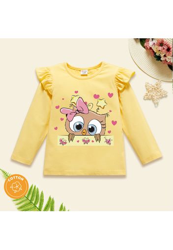 Toddler Girl Graphic Owl and Heart-shaped Print Ruffled Long-sleeve Tee