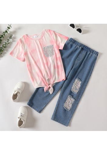 2-piece Kid Girl Sequined Pocket Design Tie Dyed Tie Knot Tee and Ripped Denim Jeans Set