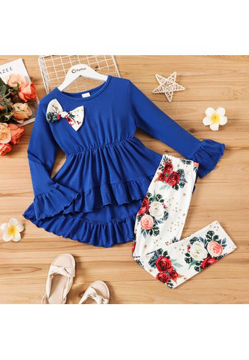 2pcs Kid Girl Bowknot Design High Low Ruffled Long-sleeve Tee and Floral Print Leggings Set