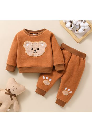 2pcs Baby Boy/Girl Bear Embroidered Long-sleeve Fleece Sweatshirt and Sweatpants Set